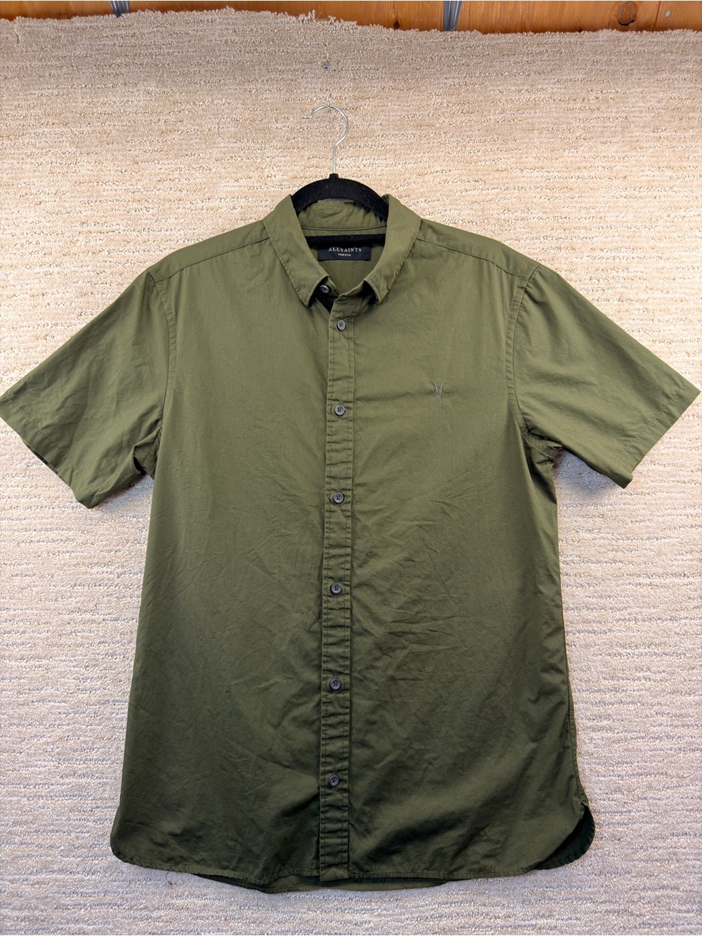 AllSaints Riviera Olive Green Short Sleeve Button Up Shirt